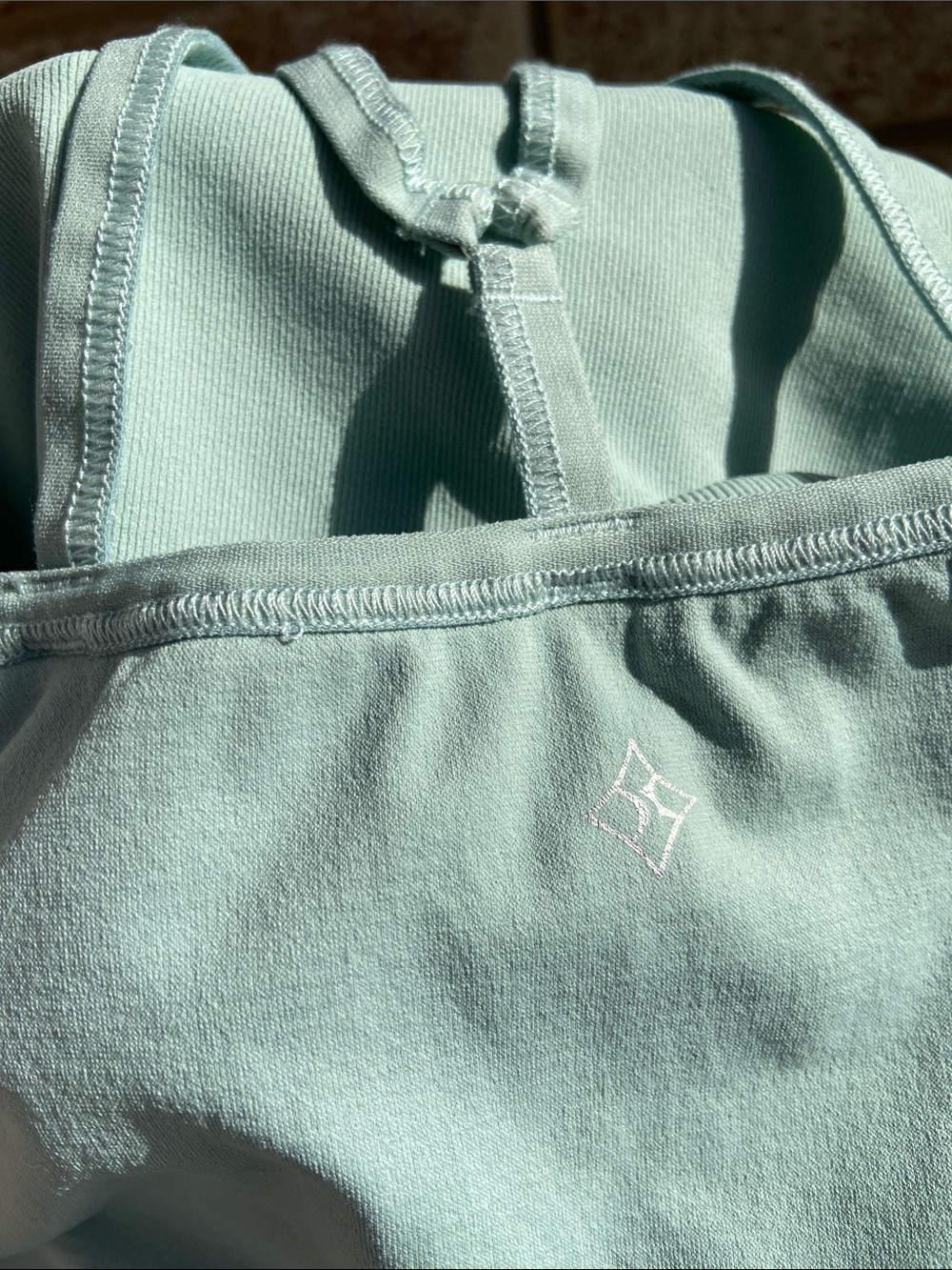 Light Aqua Nux tank with ruched sides, crisscross straps on back, size S. - Picture 3 of 12
